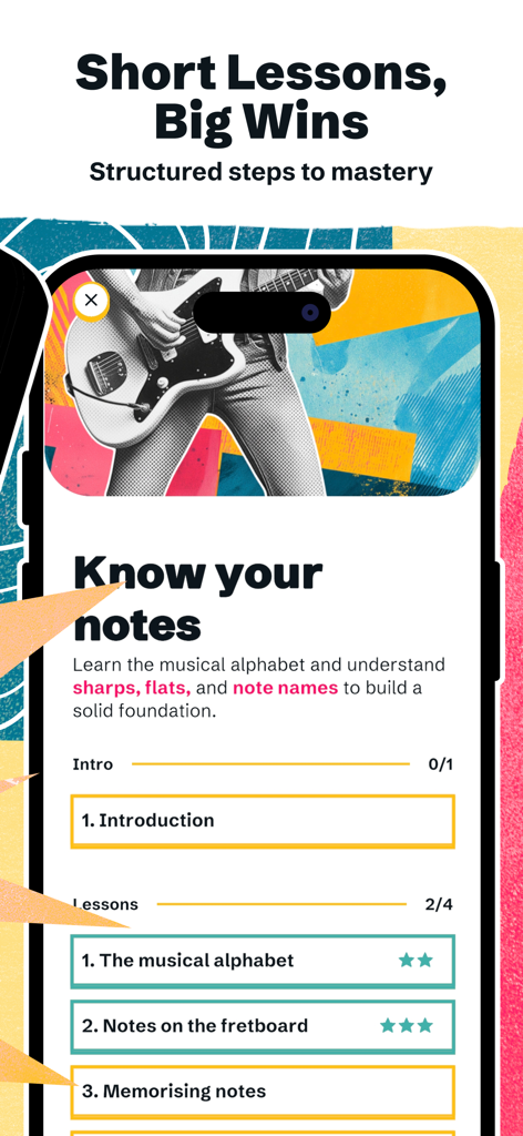 Music Theory by Justin Guitar - Interface of the Music Theory by Justin Guitar app showing structured lesson modules for learning musical notes and the fretboard