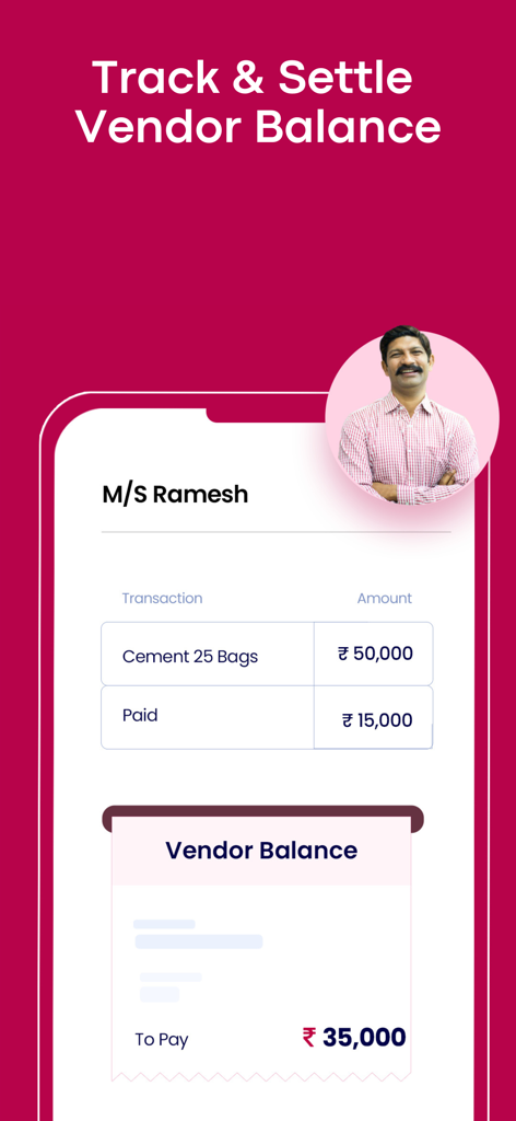 Interfaz de la App de Construcción Onsite que muestra el seguimiento del saldo de proveedores y el historial de pagos de materiales de construcción