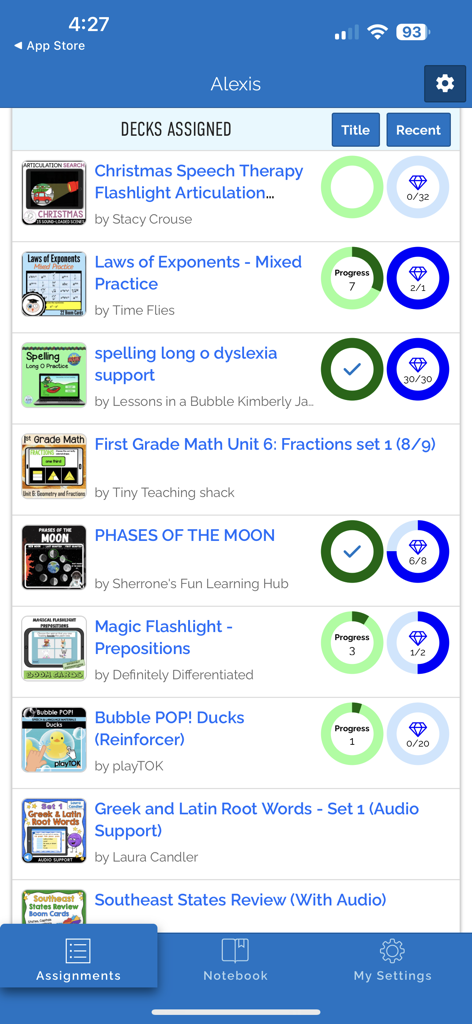 Boom Cards - A list of assigned educational decks for a student in the Boom Cards app showing progress and titles.