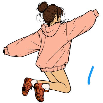 realistic girl jumping with a bun and oversized sweatshirt
