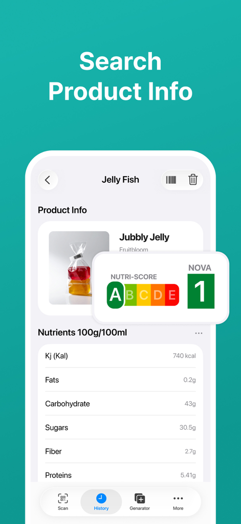 QR Code Scanner · Barcode - Mobile app interface displaying product nutritional data and Nutri-Score after scanning a barcode