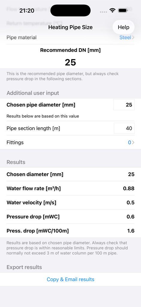 Heating Pipe Size - Heating Pipe Size app interface showing calculation results for pipe diameter water flow rate and pressure drop