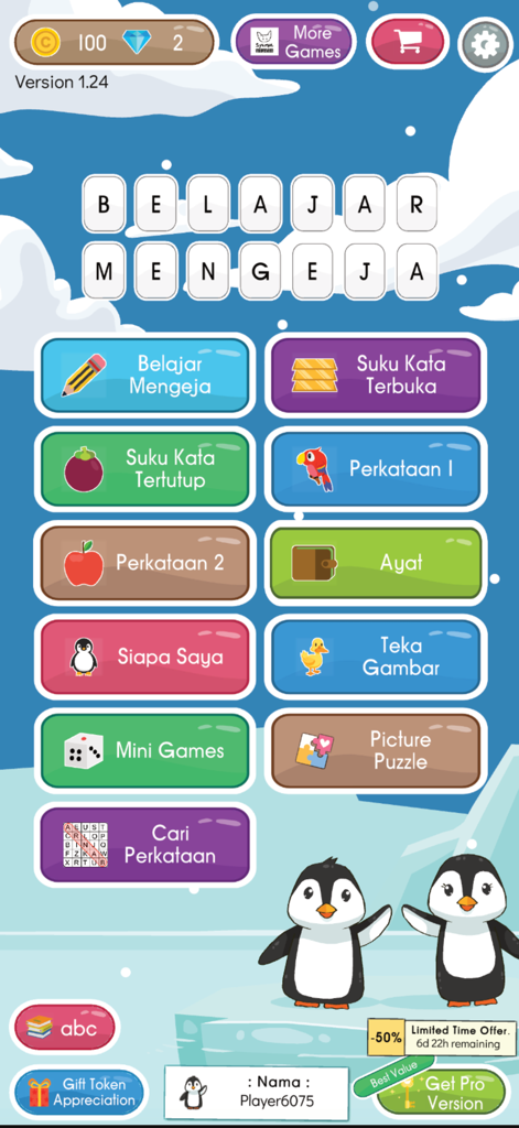 Belajar Mengeja ABC - 「Belajar Mengeja ABC」アプリのメインメニュー画面。様々マレー語学習モジュールとかわいい漫画のペンギンが表示されている。