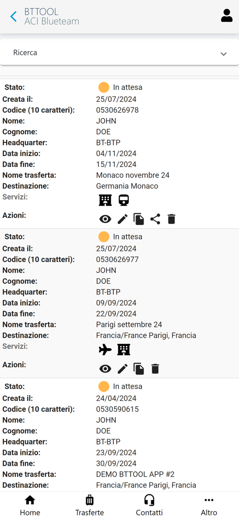BTTool - Un elenco di itinerari di viaggio d'affari all'interno dell'app BTTool che mostra lo stato, la destinazione e le date di viaggio per un utente aziendale.