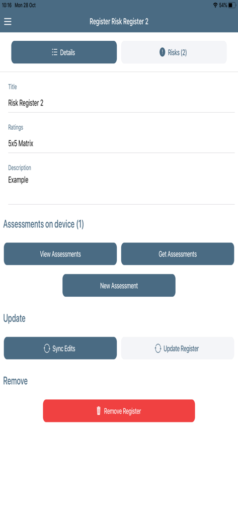 Interface of MY Risk Assessments app showing risk register details and assessment management buttons.