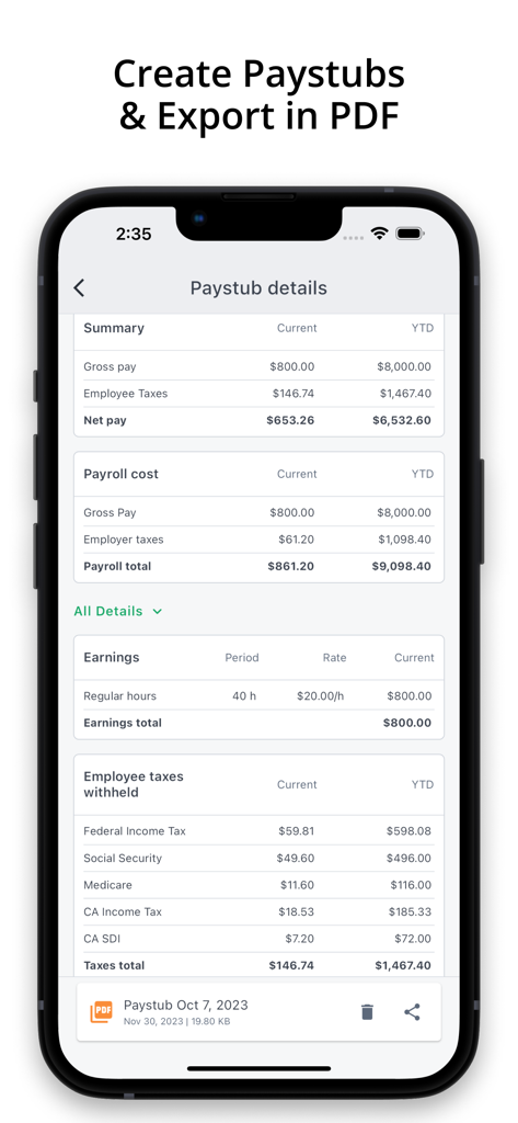 DoEmploy: Payroll & Attendance - Mobile app screen showing a detailed payroll summary with gross pay, employee tax withholdings, and a PDF export option for paystubs.