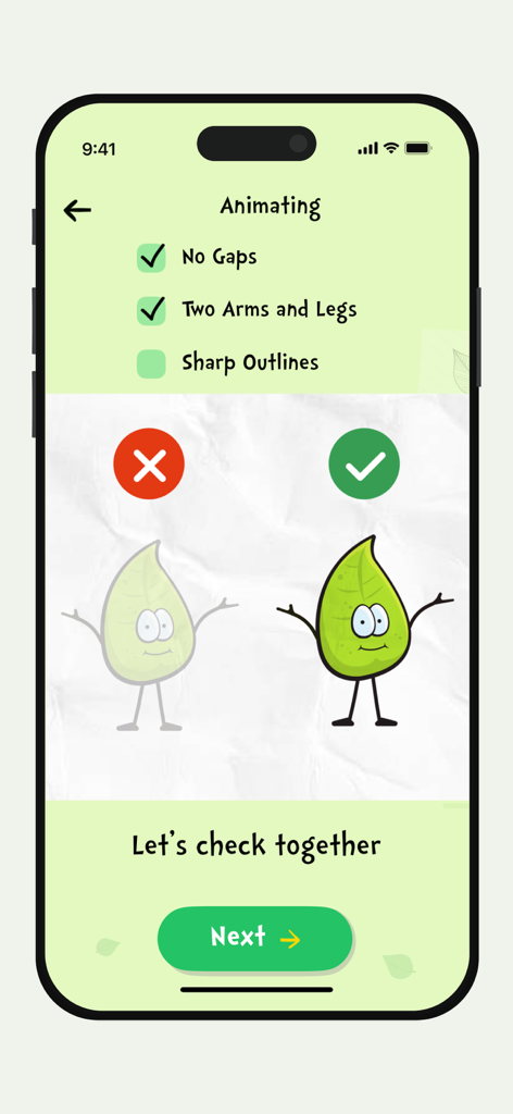 Ai Animation: Animate Drawings - Interfaz de la aplicación Animación IA que muestra una lista de verificación para preparar dibujos con contornos nítidos y características claras del personaje