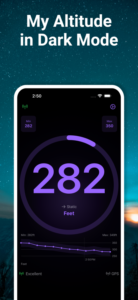 GPS Altimeter & Barometer - GPS Altimeter app interface in dark mode showing large altitude digits and a historical elevation graph