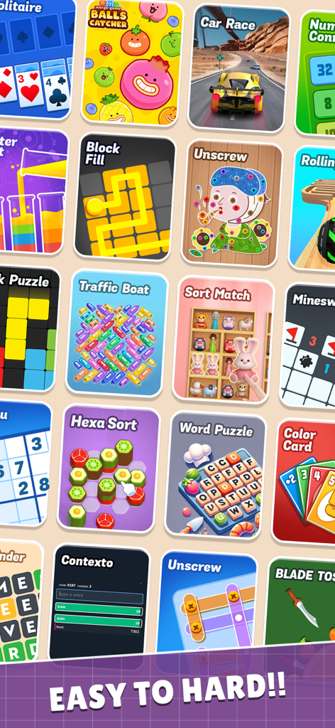 No Wifi Fun - All In One Games - A grid of various mobile mini games including puzzles racing and card games with the text easy to hard
