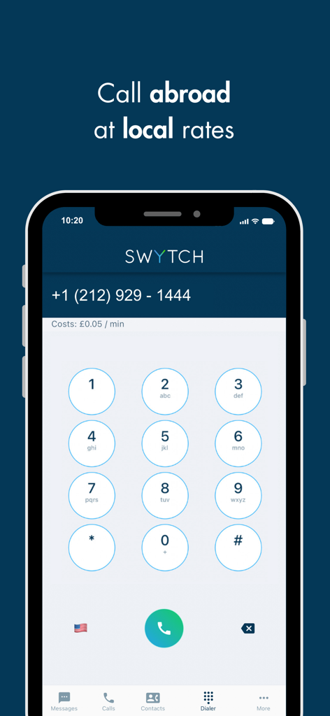Swytch - Multiple numbers - Swytch app dialer screen showing a US phone number and low cost international calling rates.