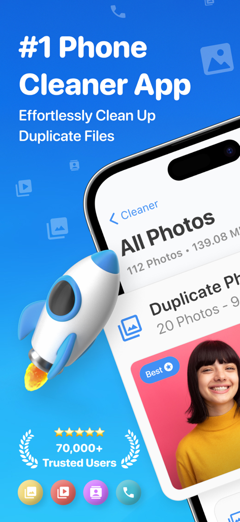 CleanUp Storage: Phone Cleaner - Interfaz de la app CleanUp Storage mostrando funciones de eliminación de fotos duplicadas y un icono de cohete simbolizando velocidad.