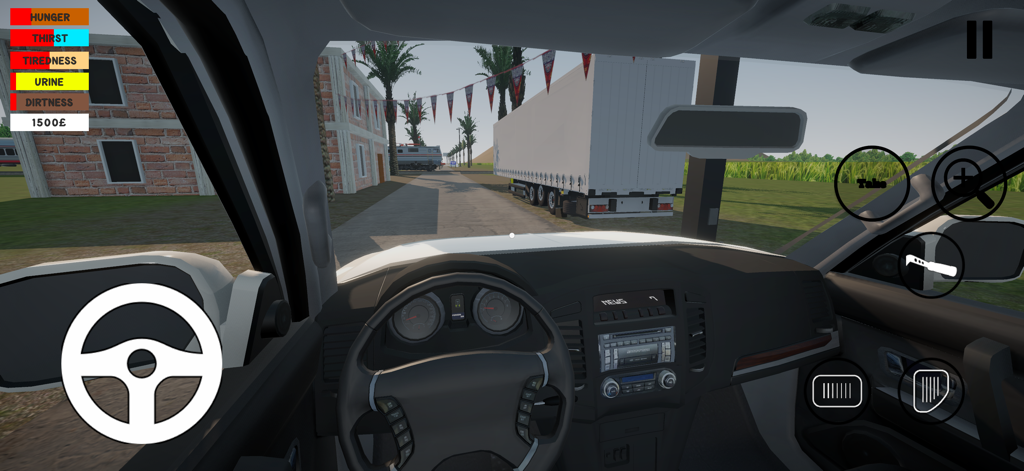 Egyptian Life - First-person view from inside a car in the Egyptian Life simulation game showing survival status meters and a street scene