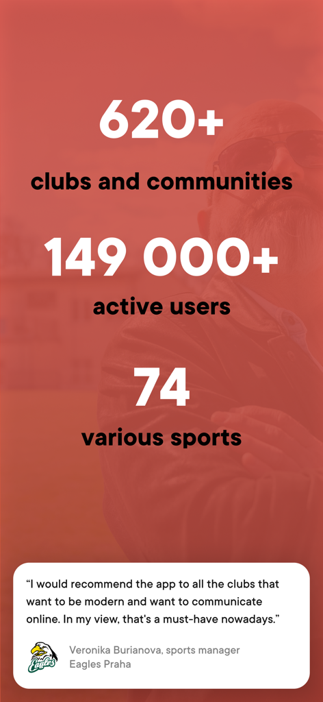EOS for clubs and communities - Infographic showing EOS app statistics with over 620 clubs and 149000 active users including a customer testimonial