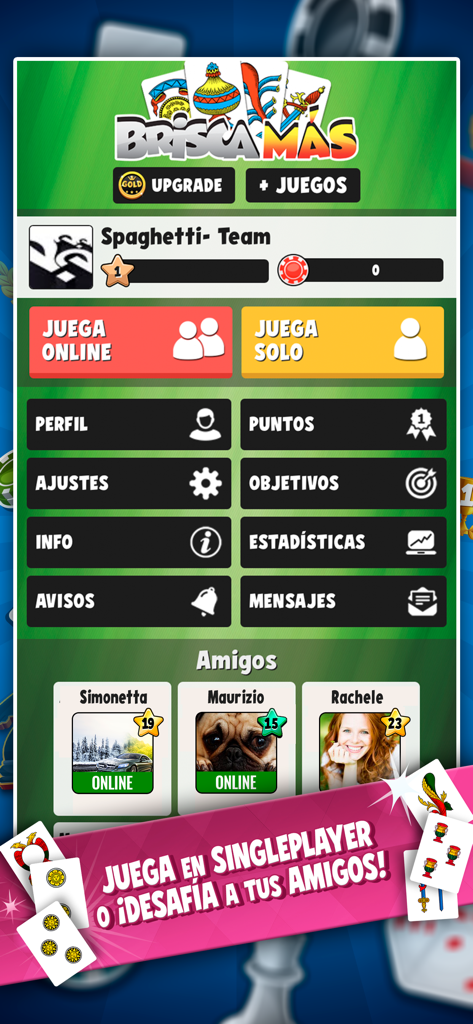 Interfaz del menú principal de la aplicación móvil del juego de cartas Brisca Más mostrando las opciones de juego y la lista de amigos