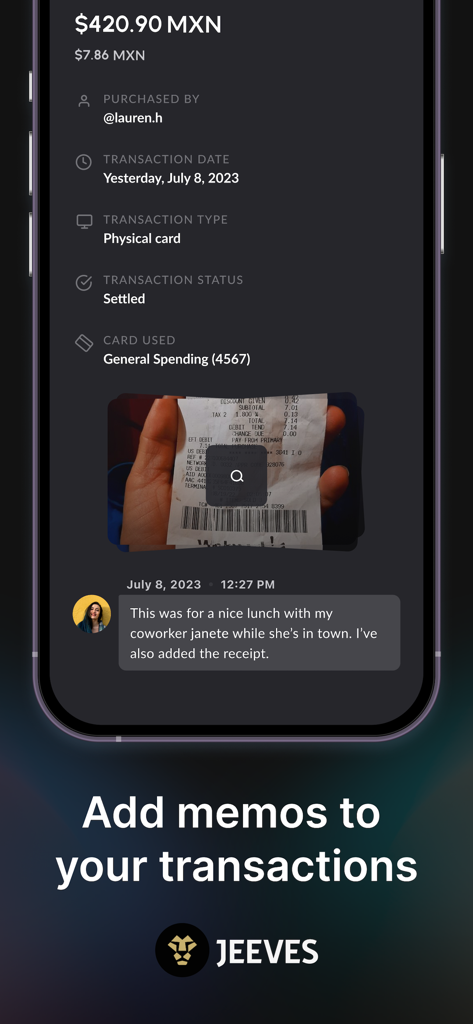 Interface of the Jeeves Mobile app displaying a transaction detail with a memo and receipt photo