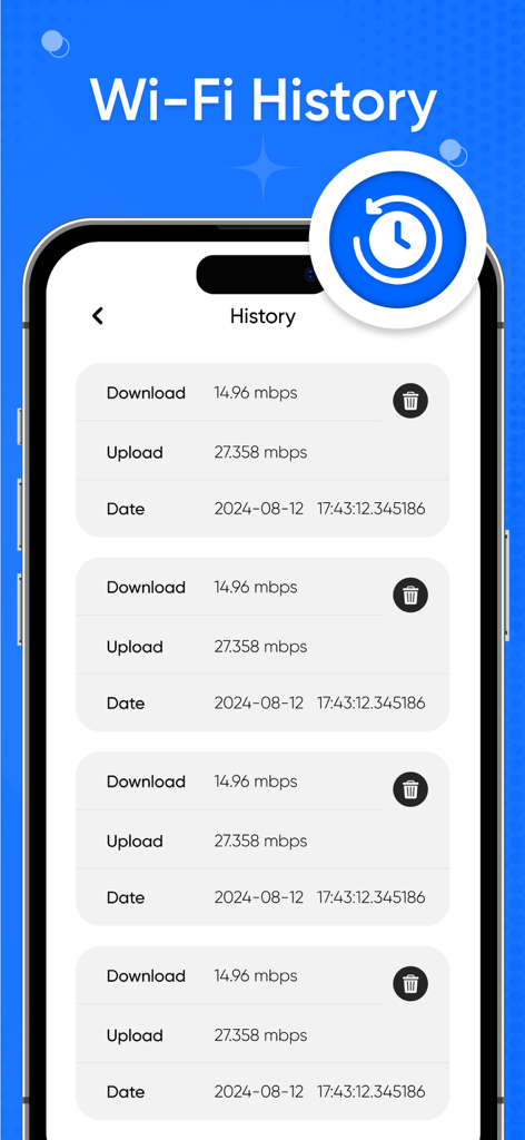 Una pantalla de smartphone que muestra un historial de resultados de pruebas de velocidad WiFi, incluidas las métricas de descarga y carga