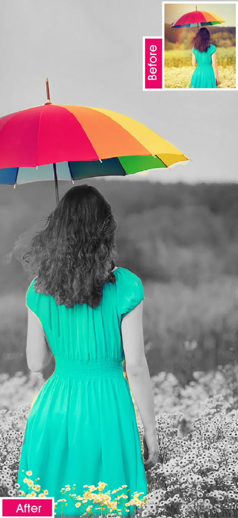 A before and after comparison showing a selective color splash effect where a woman's teal dress and rainbow umbrella are highlighted against a grayscale background.
