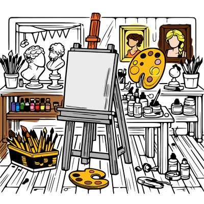 an art studio with canvases, paints, and sculptures