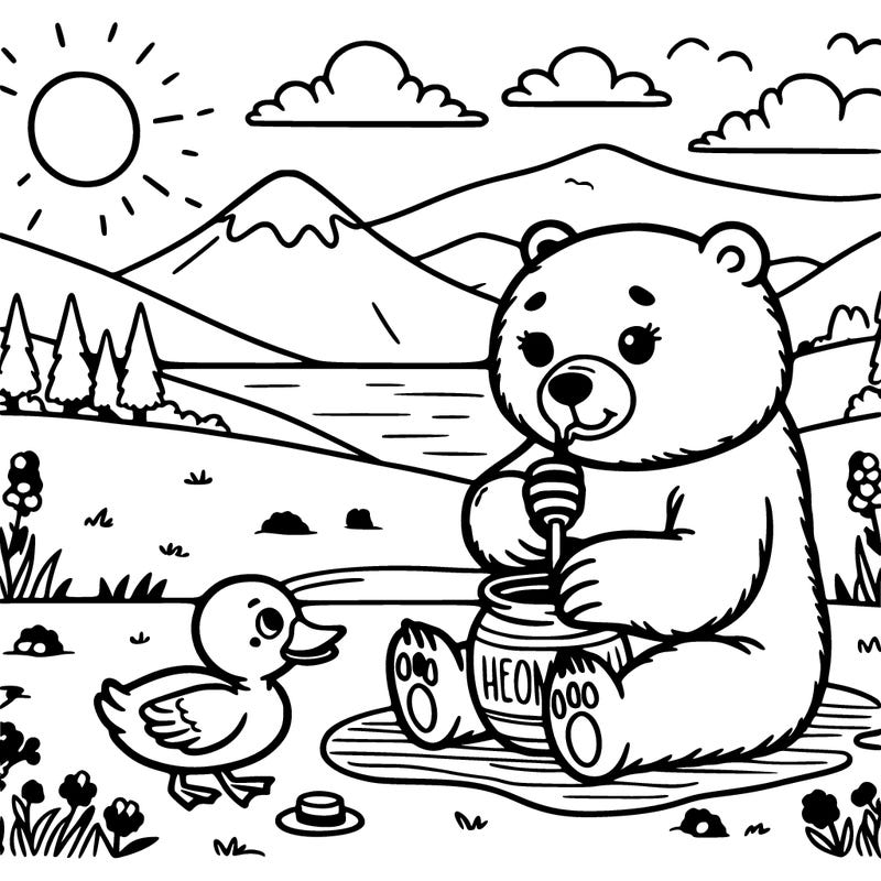 bear eating honey with duck friend watching sunset