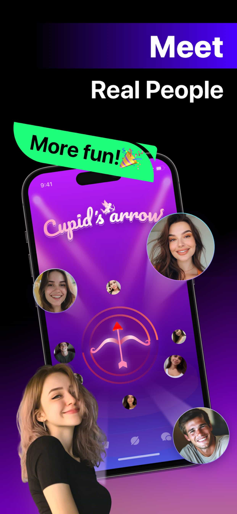 ParaU app interface showing the Cupids Arrow feature with various user profile photos on a purple background