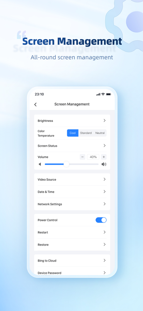 ViplexHandy - Painel de gerenciamento de tela do aplicativo ViplexHandy mostrando controles de brilho, volume e temperatura de cor da tela de LED.
