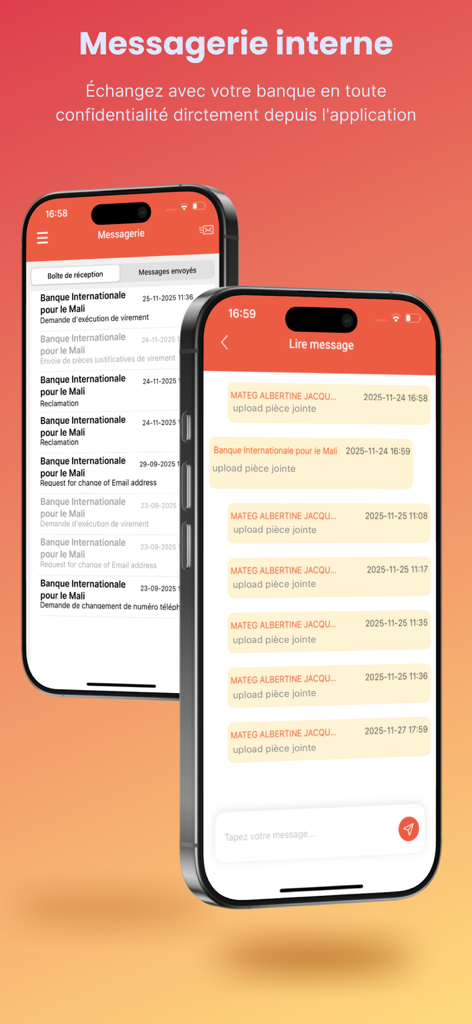 Pantallas de mensajería interna segura y historial de chat en la aplicación BIM Mobile Banking