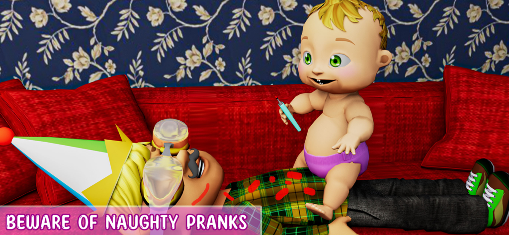 Baby Simulator Family Prank - Un personaje de bebé travieso dibujando sobre un hombre dormido con un rotulador rojo