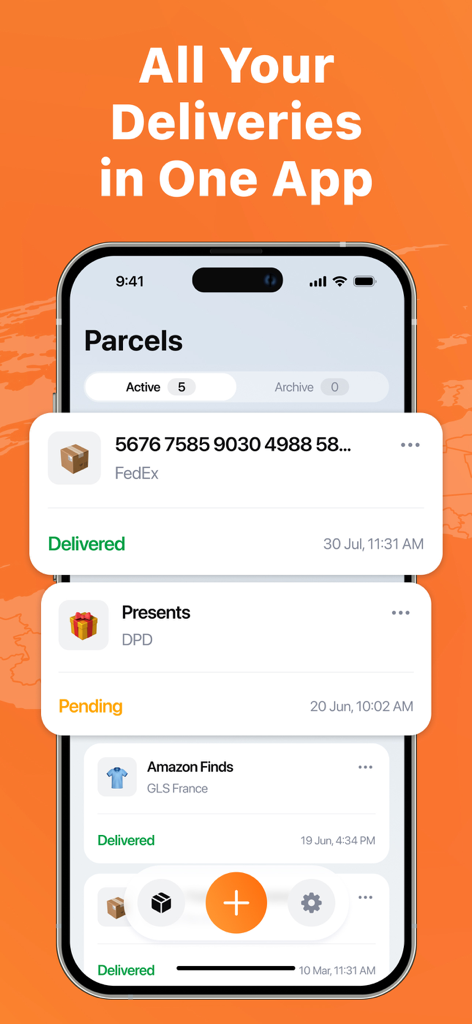 Tracko: Package Tracking App - Smartphone display of the Tracko app interface showing a list of tracked packages from multiple carriers