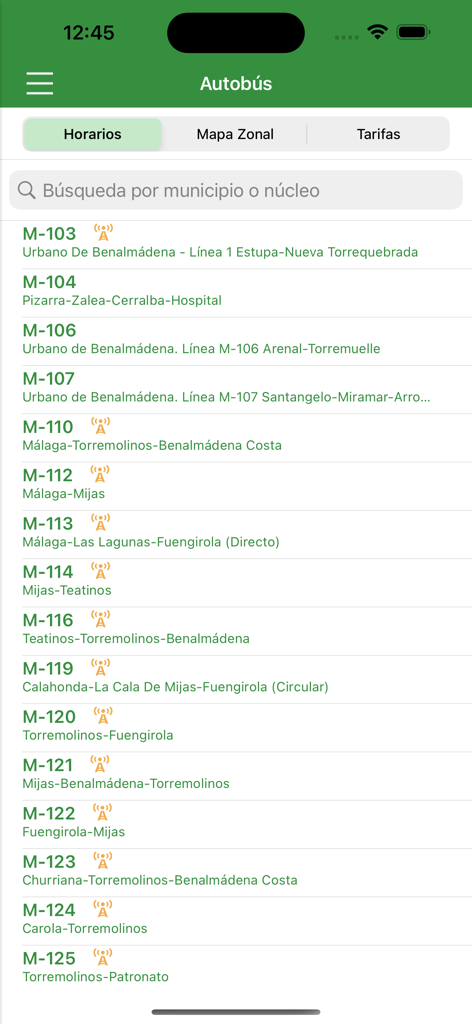 Consorcio Malaga - Lista de líneas y rutas de autobuses metropolitanos en la aplicación de transporte Consorcio Malaga