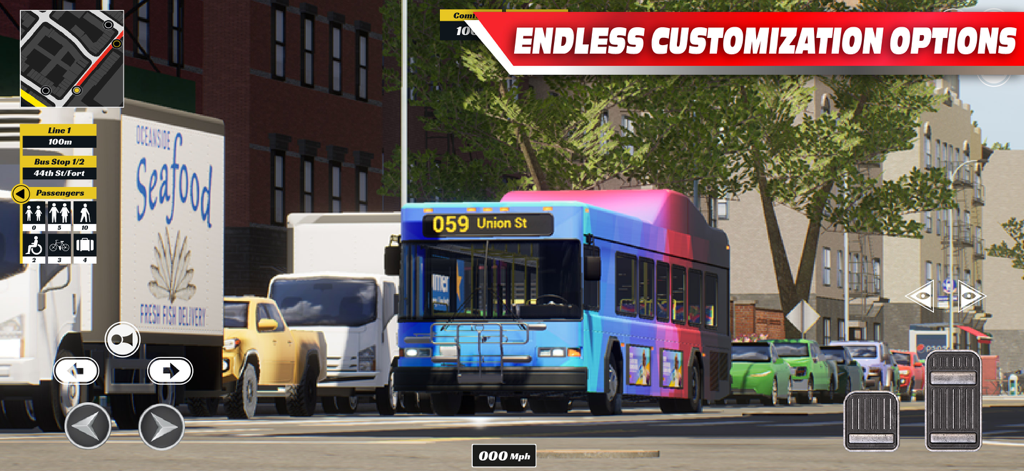 A colorful customized bus driving in city traffic showing gameplay of Bus Simulator PRO 2026.