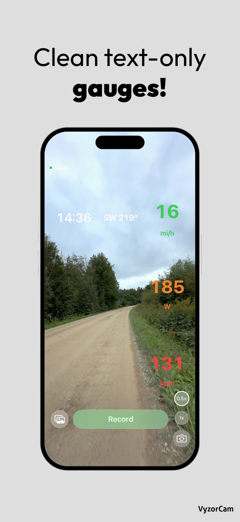 VyzorCam - VyzorCam app showing real-time speed power and heart rate text overlays on a cycling video