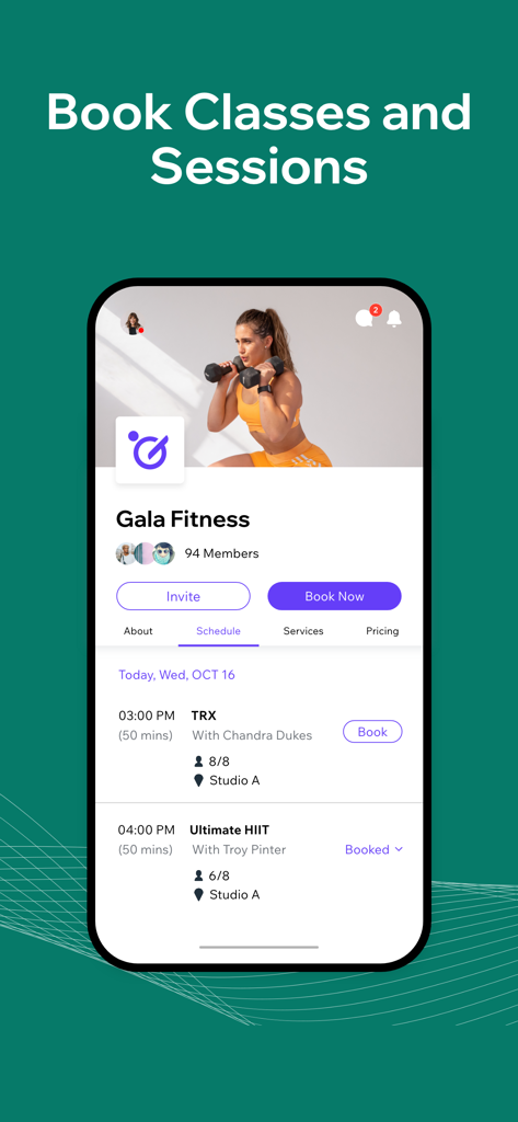 Fit by Wix - Interfaz de la aplicación móvil Fit by Wix que muestra horarios de clases de fitness y opciones de reserva para un estudio de gimnasio