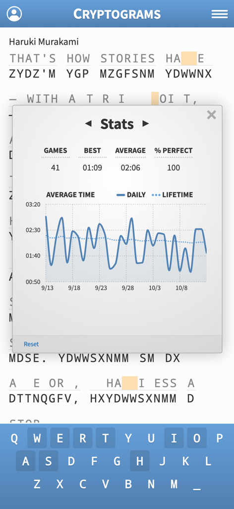Cryptogram · Cryptoquote Game - In-game stats overlay for Cryptogram app displaying solve times and performance metrics