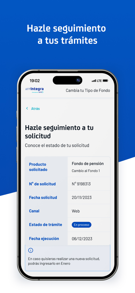 AFP Integra - Schermata dell'app mobile AFP Integra che mostra lo stato di tracciamento della richiesta per i fondi pensione.