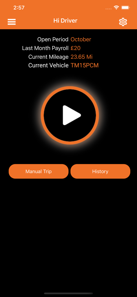 Mileage Track - The main dashboard of the Mileage Track app showing a start trip button and monthly mileage summary.