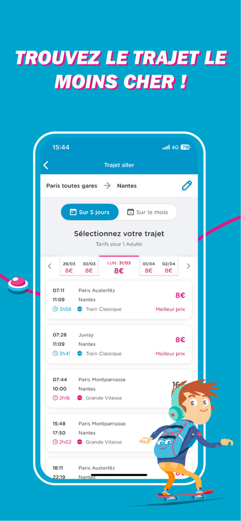 Interfaccia dell'app mobile OUIGO che mostra risultati di biglietti ferroviari low-cost da Parigi a Nantes a partire da 8 euro
