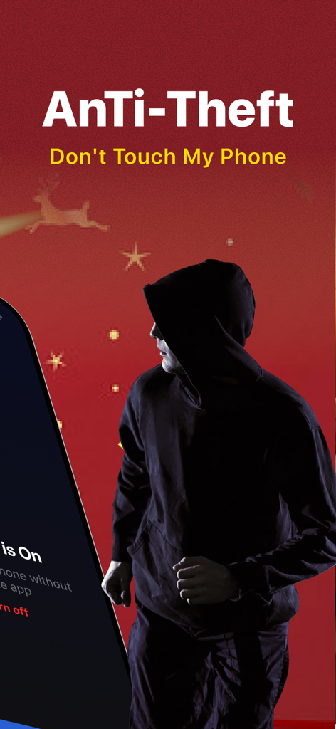 Clap Find My Phone by Clapping - Screenshot of the Anti-Theft feature in the Clap Find My Phone app showing a hooded figure and a warning message.