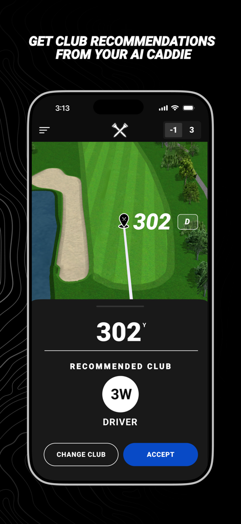 Blue Tees GAME: AI Golf GPS - Interfaccia dell'app Blue Tees GAME che mostra un caddie AI che raccomanda un bastone per un colpo di golf da 302 yard