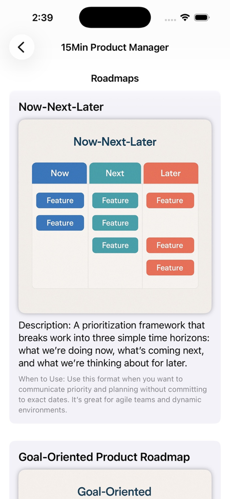 15 Min Product Manager - Now-Next-Later roadmap prioritization framework in the 15 Min Product Manager app