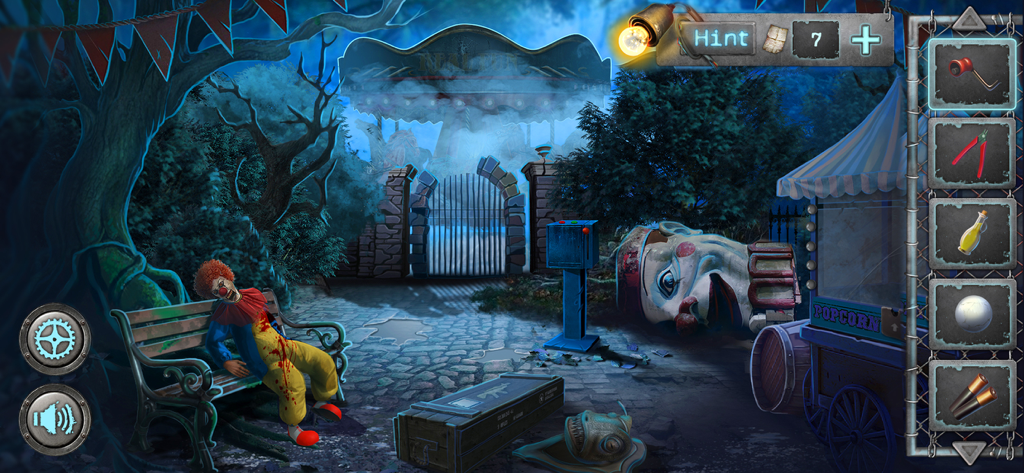 Cena de circo abandonado assustadora com um palhaço ensanguentado e inventário de puzzles em Scary Horror 2.