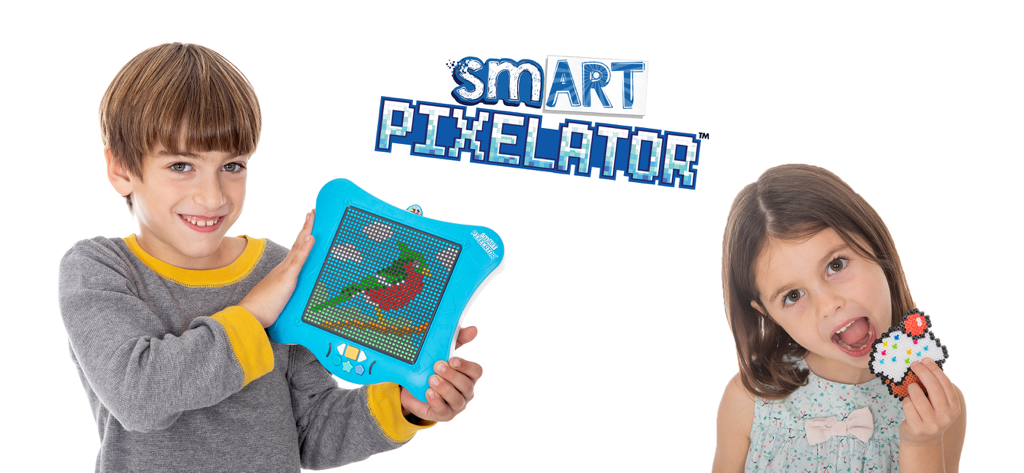 A boy and girl showing pixelated art creations made with the smART pixelator device