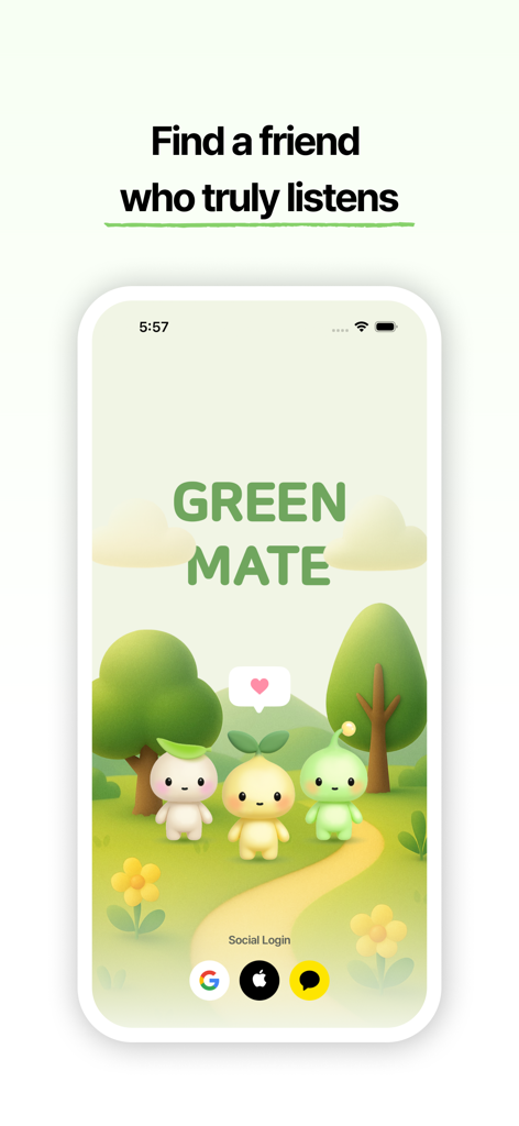 Greenmate – AI Friend for You - Greenmate App Startbildschirm mit niedlichen sprossenartigen KI-Charakteren in einer sanft grünen Landschaft mit dem Text Finde einen Freund, der wirklich zuhört
