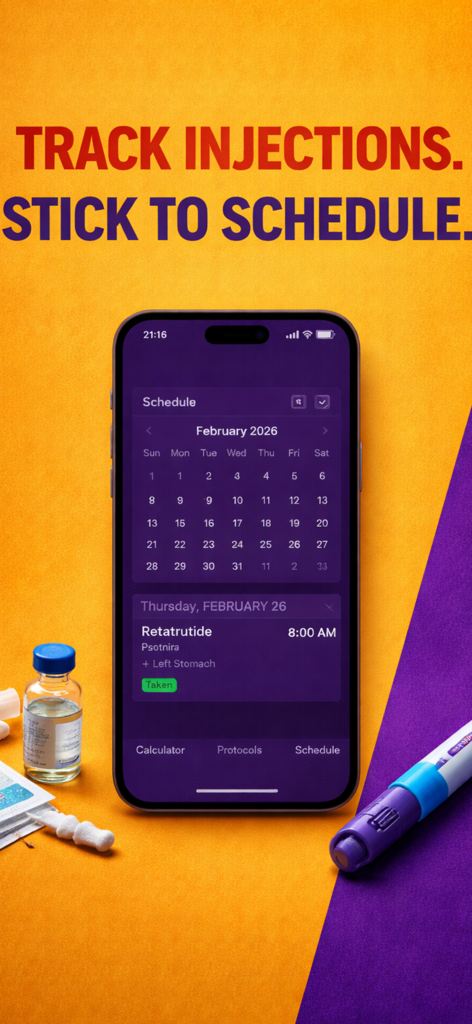Smartphone showing an injection schedule calendar and a logged peptide dose in the PeptideCalc app