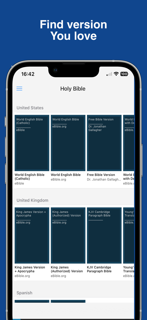 Bible: Read, Listen Holy Bible - Selection of different Bible versions categorized by country in the Holy Bible app
