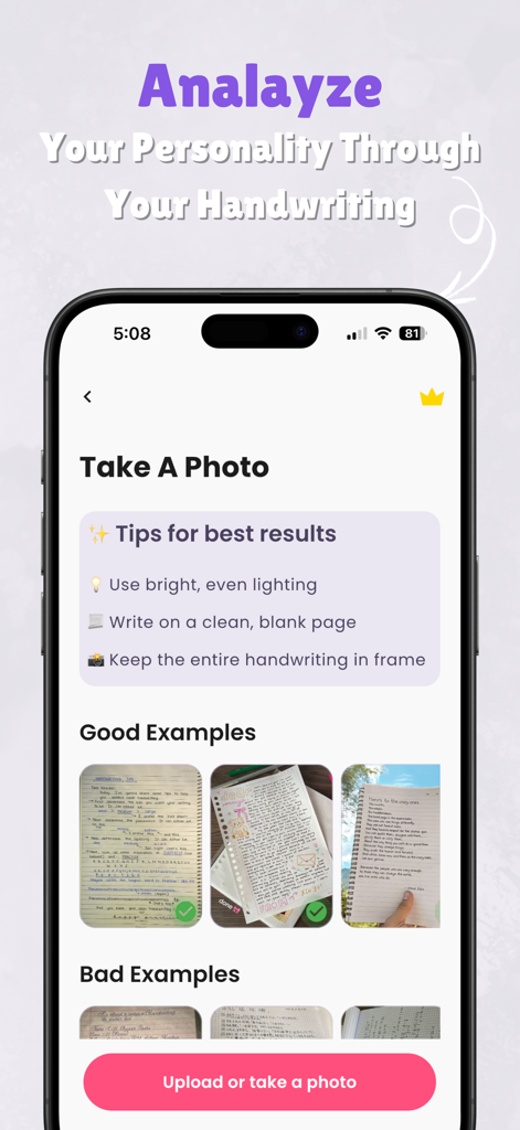 Handwriting Practice: Inkflow - Una pantalla de aplicación móvil que muestra instrucciones y ejemplos fotográficos para analizar la personalidad de la escritura.