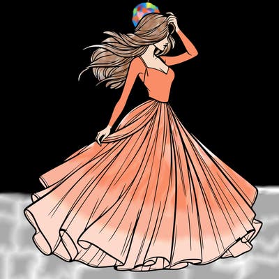 realistic woman with dress flowing in the wind