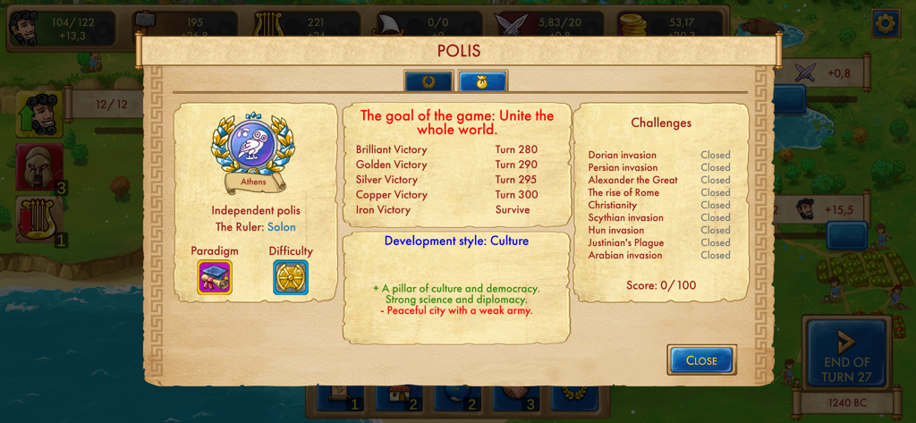 Athens city overview screen in Marble Age Remastered showing game goals victory conditions and historical challenges