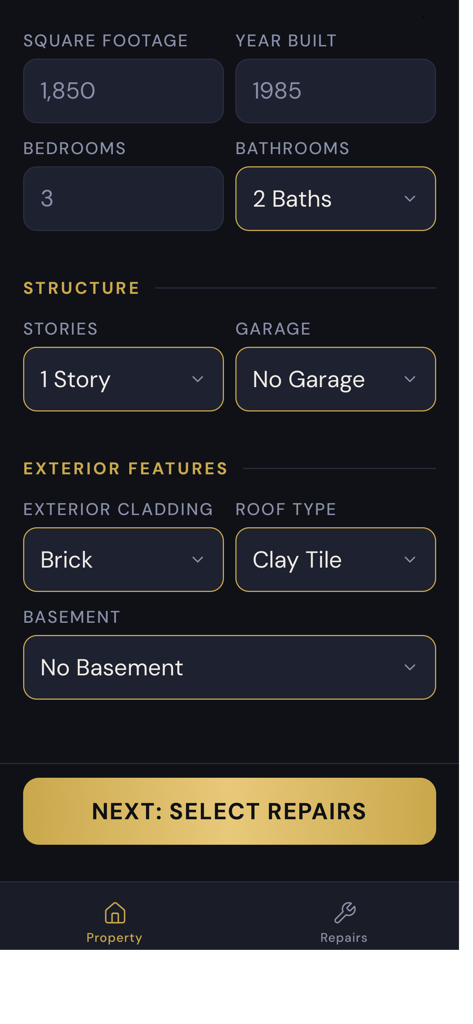 Instant Repairs - Property information input screen showing fields for square footage year built and exterior features