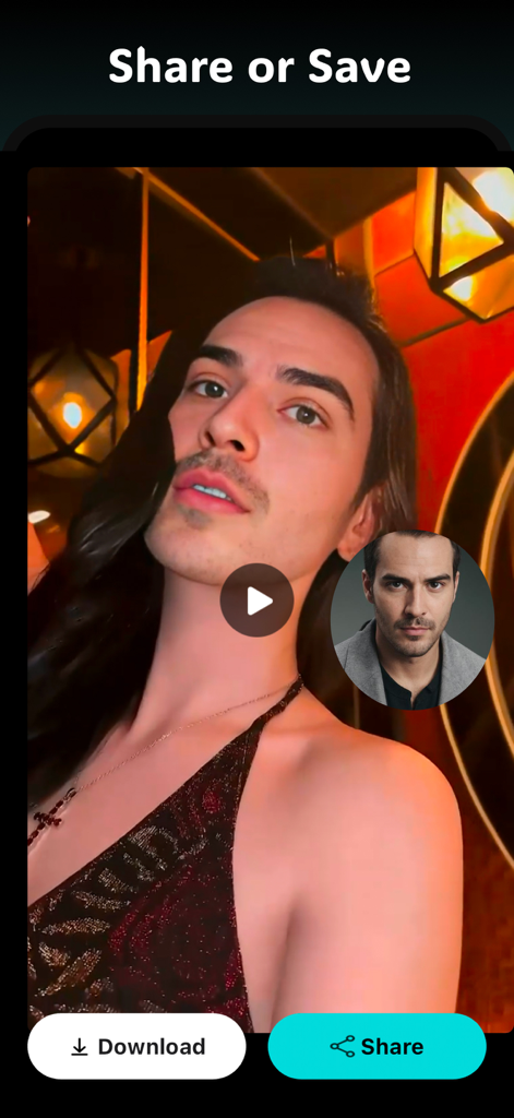 Screenshot of Swapface app showing a finished face swap video with download and share buttons.