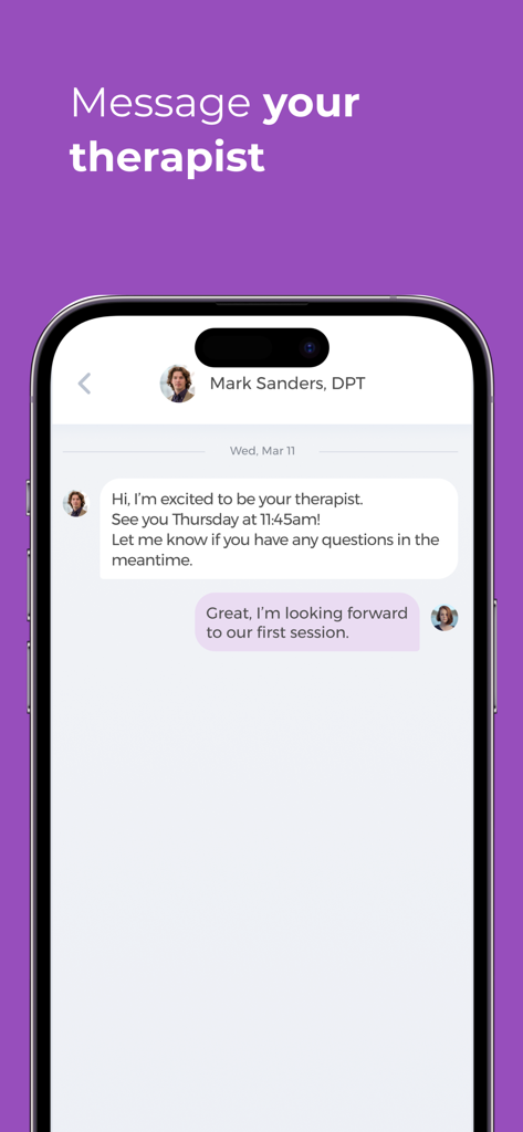 Screenshot of the Luna Physical Therapy app showing a secure messaging interface with a licensed physical therapist named Mark Sanders DPT.